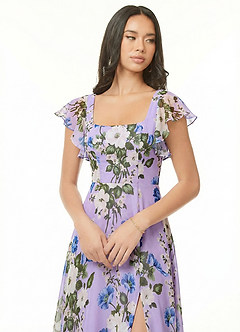 Azazie Bondi Vestidos de madrinha de casamento Vestido Floral Lilás de Chiffon de Linha A com Franzido image6