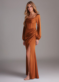 Azazie Charissa Bridesmaid Dresses Cinnamon Sheath Long Sleeve Stretch Satin Dress image5
