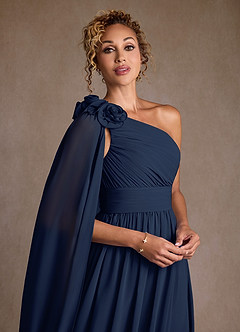 Azazie Lancaster vestidos de madre de la novia Vestido de Azul Marino Oscuro de Gasa de Corte en A con Hombro unilateral image4