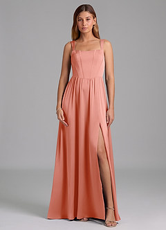 Azazie Rosaline Bridesmaid Dresses Coral A-Line Side Slit Stretch Satin Dress image3