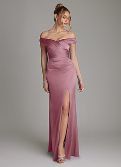 Azazie Teyana Bridesmaid Dresses Vintage Mauve Sheath Off the Shoulder Stretch Satin Dress image1