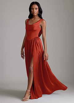 Azazie Novi Robes de demoiselle d'honneur Robe Trapèze en Satin extensible avec poches Rouille image6