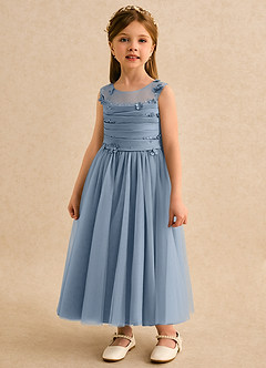 Azazie Snowball Girl Robe Demoiselle D'honneur Fillette Robe Princesse en Tulle Plissée Bleu Poussiéreux image3