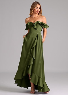 Azazie Lyra Bridesmaid Dresses Olive A-Line Off the Shoulder Stretch Satin Convertible Dress image3