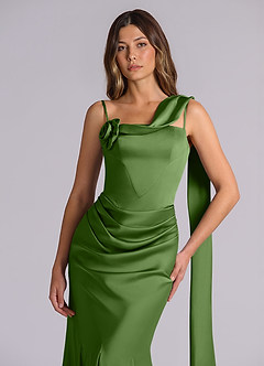 Azazie Inara Final Sale Dark Green Mermaid Pleated Stretch Satin Dress image7
