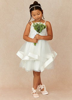 Azazie Anya Flower Girl Dresses Diamond White A-Line Spaghetti Strap Tulle Dress image4