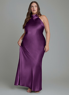 Azazie Velli Bridesmaid Dresses Plum Sheath High Neck Metallic Satin Dress image11
