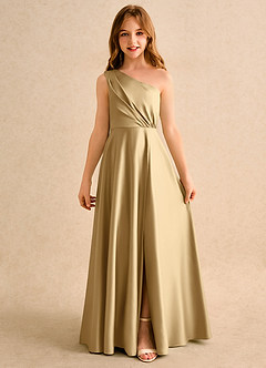 Azazie Puddles Girls Formal Blumenmädchenkleider A-Linie One-Shoulder Matte Satin Kleid Gold image4