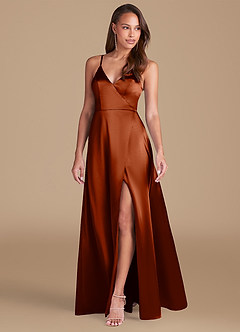 Azazie Maksim Probar vestidos en casa Vestido de Castaño de Satén Metálico de Corte en A image4