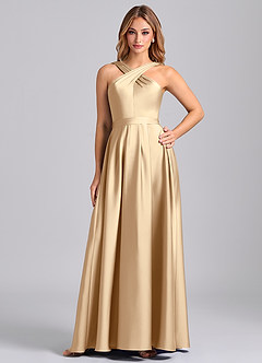 Azazie Dixie 신부 들러리 드레스 A라인 주름진 스트레치 새틴 바닥 길이 드레스 image1