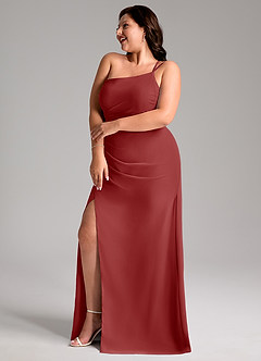 Azazie Eren Robes de demoiselle d'honneur Robe Fourreau en Mousseline de soie Ue épaule Rouille image11