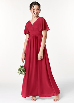 Azazie Temeka Junior Scarlet A-Line Pleated Chiffon Dress image1