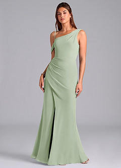 Azazie Madelyn Essayer des robes à la maison Robe Sirène Convertible en Mousseline de soie Une épaule Agave image4