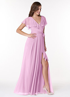 Azazie Jael Bridesmaid Dresses Candy Pink A-Line V-Neck Mesh Dress image4