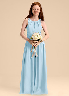 Azazie Bibiane Junior Sky Blue A-Line Pleated Stretch Satin Dress image4