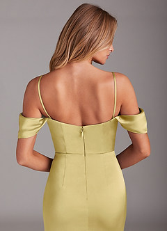 Azazie Saige Bridesmaid Dresses Lemon Sorbet Sheath Off the Shoulder Stretch Satin Dress image8