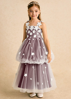 Azazie Teacup Flower Girl Dresses Ivory Cabernet Ball-Gown Lace Tulle Dress image8