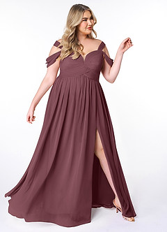 Azazie Lianne Bridesmaid Dresses Sangria A-Line Off the Shoulder Chiffon Dress image10