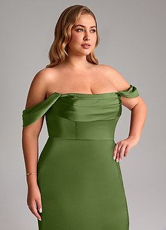 Azazie Saige Jurken voor bruidsmeisjes Jurk van Stretch Satijn met Kolom Off the Shoulder Jeneverbes image14