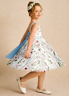 Azazie Peppa Flower Girl Dresses Ivory Steel Blue A-Line Sweetheart Neckline Tulle Dress image4