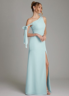 Azazie Aylin Bridesmaid Dresses Sea Glass Sheath Off the Shoulder Chiffon Dress image6