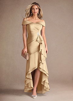 Azazie Billings Moeder van de bruid jurken Zeemeermin Jurk van Stretch Satijn Off the Shoulder Champagne image7