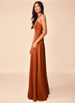 Azazie Mei Bridesmaid Dresses Burnt Orange A-Line V-Neck Stretch Satin Dress image7
