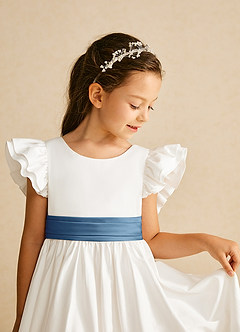 Azazie Aero Flower Girl Dresses Ivory Steel Blue A-Line Pleated Cotton Dress image3