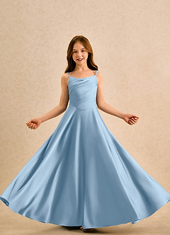 Azazie Coconut Girls Formal Flower Girl Dresses Powder Blue A-Line Pleated Stretch Satin Dress image5