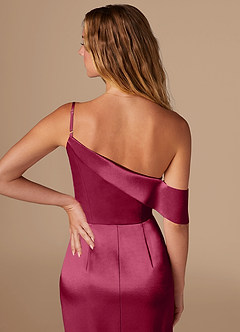 Azazie Lia Bridesmaid Dresses Burgundy Sheath Off the Shoulder Metallic Satin Dress image2