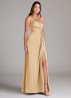Azazie Brooke Jurken voor bruidsmeisjes Jurk van Stretch Satijn met A-Lijn One-Shoulder Goud image4
