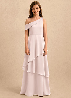 Azazie Shyloh Girls Formal Flower Girl Dresses Blushing Pink A-Line Off the Shoulder Stretch Satin Dress image6