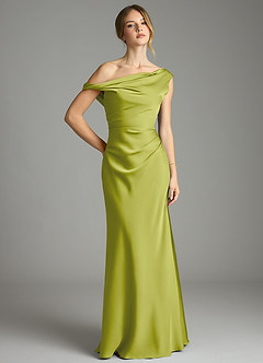 Azazie Emerson Bridesmaid Dresses Lemongrass Mermaid Off the Shoulder Stretch Satin Dress image1