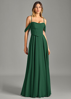 Azazie Chelsey Abiti da Damigella Abito Convertibile A-Line in Chiffon a Spalla Scoperta Verde Scuro image3