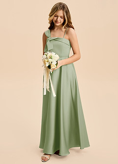 Azazie Aria Junior Dusty Sage A-Line Pleated Stretch Satin Dress image3