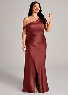 Azazie Madelyn Robes de demoiselle d'honneur Robe Sirène Convertible en Satin extensible Asymétrique Terracotta image12