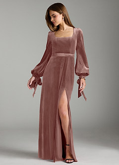 Azazie Leonia Robes de demoiselle d'honneur Robe Trapèze en velours Manche longue Rustikale Rose image3