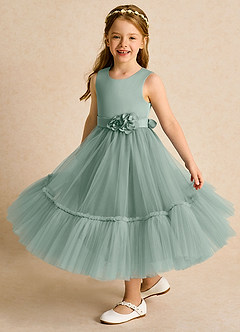 Azazie Miracle Flower Girl Dresses Silver Sage A-Line Bow Matte Satin Dress image4