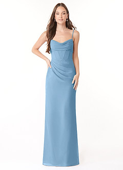 Azazie Mai Vestidos de damas de honor Vestido de Azul Acero de Gasa de Corte Recto con Plisado image1