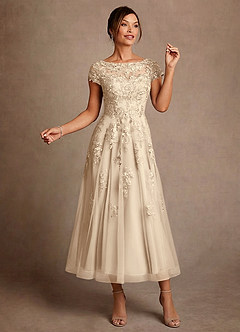 Azazie Jolanda 신부의 어머니 드레스 A라인 레이스 티 길이 드레스 image3