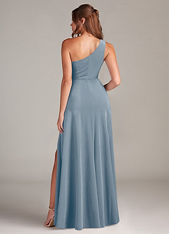 Azazie Brooke Vestidos de madrinha de casamento Vestido Azul Empoeirado de Veludo de Linha A com Um ombro image5