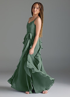 Azazie Peyton Junior Eucalyptus A-Line V-Neck Cascading Ruffles Chiffon Dress image4