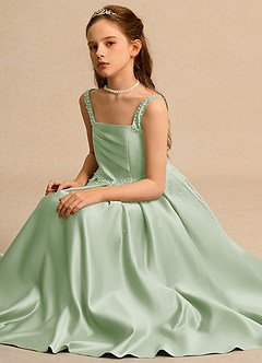 Azazie Mochi Girl Abiti da Ragazza di Fiori Abito Principessa in Raso Opaco Plissettato Verde Salvia image3