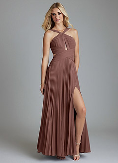 Azazie Hosanna Bridesmaid Dresses Espresso A-Line Pleated Chiffon Dress image1
