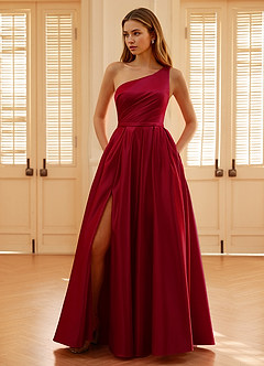 Millie Burgundy One Shoulder A-line Satin Prom Dress image8