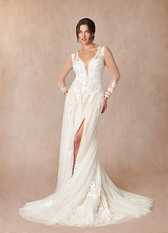 Azazie Ariya Wedding Dresses Diamond White Champagne A-Line Lace Tulle Dress image4