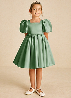 Azazie Muffin Flower Girl Dresses Matcha A-Line with Sleeves Matte Satin Dress image2