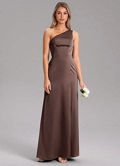 Azazie Phaedra At-home Try On Dresses Olive A-Line One Shoulder Stretch Satin Dress image7