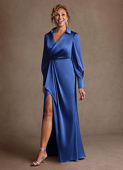 Azazie Jacinta Mère de la mariée Robes Robe Fourreau en Satin extensible Plissée Bleu Roi image2