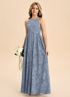 Azazie Arianthe Junior Dusty Blue A-Line Pleated Floral Burnout Dress image6